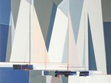 a painting of sailboats on the water with mountains in the background