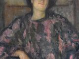 painting of a woman sitting in a chair wearing a black hat