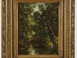 a painting of a wooded landscape with trees and a stream