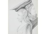 a drawing of two women with hats on their heads