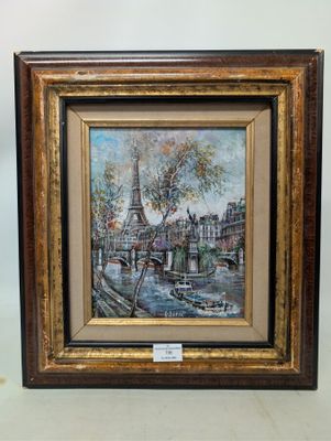 an image of a painting of a cityscape with a clock tower in the background