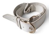 white leather dog collar with brass buckles on a white background