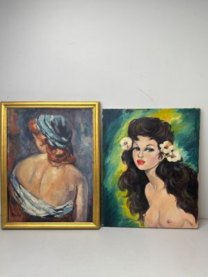 tableau représentant une femme avec une fleur dans les cheveux, à côté d'un tableau représentant une femme avec une fleur dans les cheveux