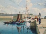 une peinture représentant des bateaux amarrés à un quai par une journée ensoleillée
