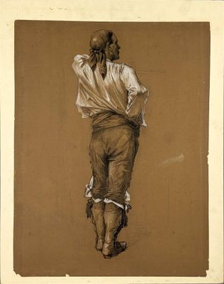 dessin représentant un homme vêtu d'une chemise blanche et d'un pantalon marron, de dos par rapport à l'appareil photo