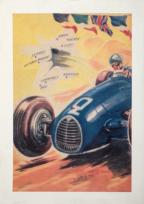 une image représentant un tableau où l'on voit un homme au volant d'une voiture de course bleue