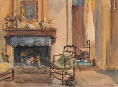 a painting of a living room with a fire place