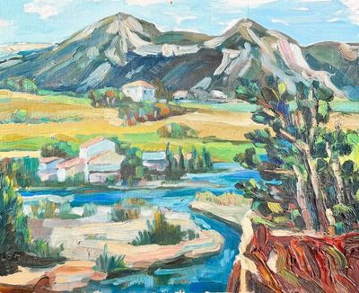 tableau représentant une rivière traversant une vallée, avec des montagnes en arrière-plan