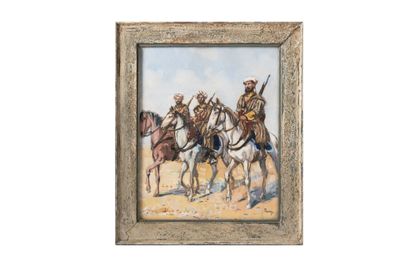 tableau représentant un groupe d'hommes à cheval dans le désert