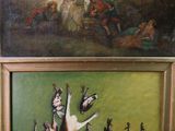 un tableau accroché au mur d'une pièce, représentant un chien et un groupe de chats