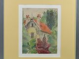 an image of a painting of a house with a red roof in a yellow frame