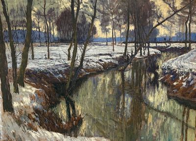 painting of a stream running through a snow covered forest filled with trees