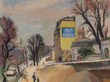 un tableau représentant une scène de rue avec un immeuble jaune