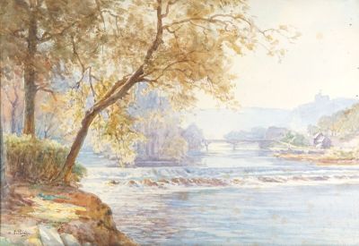 une photo d'un tableau représentant une rivière avec un pont en arrière-plan