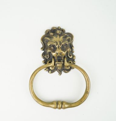 an image of a brass lion head ring on a white background