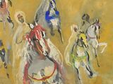 a painting of a group of people riding horses