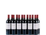 six bottles of red wine are lined up in a row
