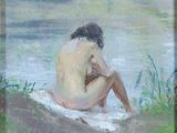 an oil painting of a naked man sitting on a towel by a river