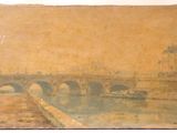 l'image d'une peinture représentant un pont au-dessus d'une étendue d'eau