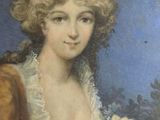 painting of a woman holding a bouquet of flowers in a blue room