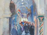 une peinture à l'huile représentant des personnes passant sous une arcade dans un bâtiment