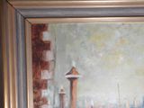 a painting of a clock tower in the middle of a city