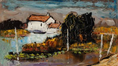 an oil painting of a house by a body of water
