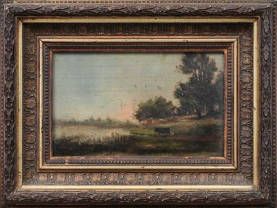 an oil painting of a landscape with trees and a river