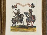 two framed pictures of two men riding horses with a banner above them