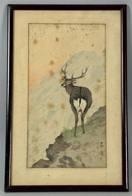 painting of a deer standing on a hill with a mountain in the background
