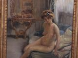 painting of a nude woman sitting on a bed in a room