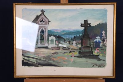 une photo d'un tableau représentant un cimetière avec une église en arrière-plan
