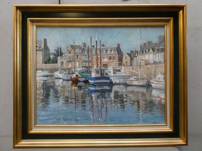 a painting of boats in a harbor with buildings in the background