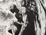 une image représentant un dessin en noir et blanc d'un homme assis au sommet d'un tas de gravats