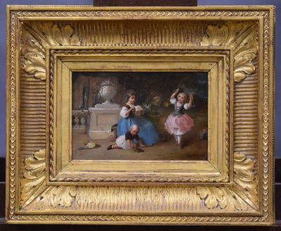 a picture of a painting of two girls in a park