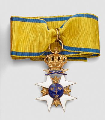 an image of a gold medal with a blue ribbon and a crown on it