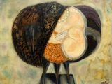 une peinture à l'huile représentant une femme portant un chapeau et des perles sur la tête