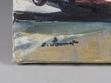 an oil painting of a red sports car driving on a track