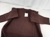 the sweater is brown and has a white tag on it