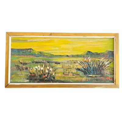 une peinture à l'huile représentant un paysage désertique avec un ciel jaune