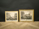 two framed pictures of people on a street with buildings in the background