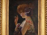 an oil painting of a woman holding a flower in her right hand