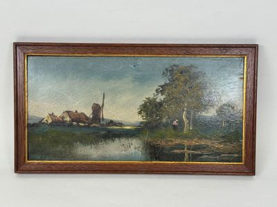 painting of a landscape with a church and a river in the foreground
