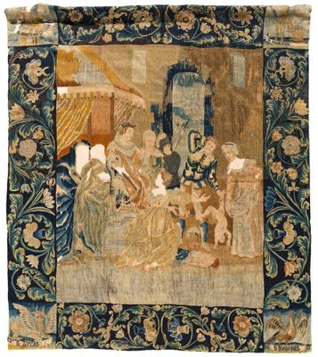a tapestry with a group of people in a room