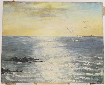 tableau représentant un coucher de soleil sur l'océan, avec des mouettes volant au-dessus