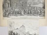 two drawings of a large group of people in a large room