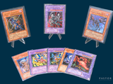 six cards of different colors and designs on a blue background
