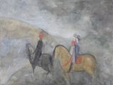 a painting of two people riding horses in the snow