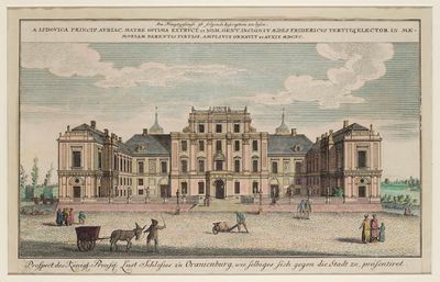 dessin représentant un grand bâtiment devant lequel se trouve une calèche