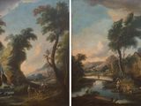 two paintings of a landscape with a river and a village in the distance